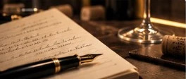 Notizbuch, Füllfederhalter, Korken und Weinglas auf einem Tisch.