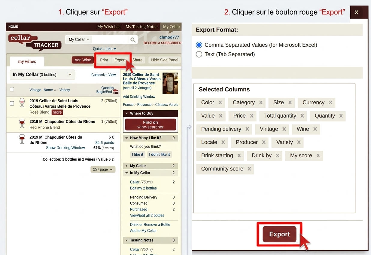 Exemple d’export CSV de cave dans CellarTracker