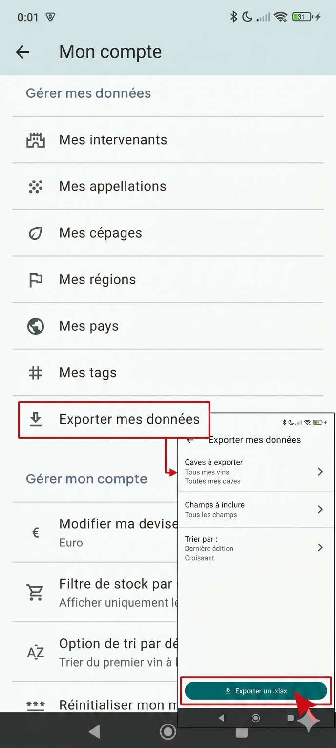 Exemple d’export Excel de cave dans Vinara