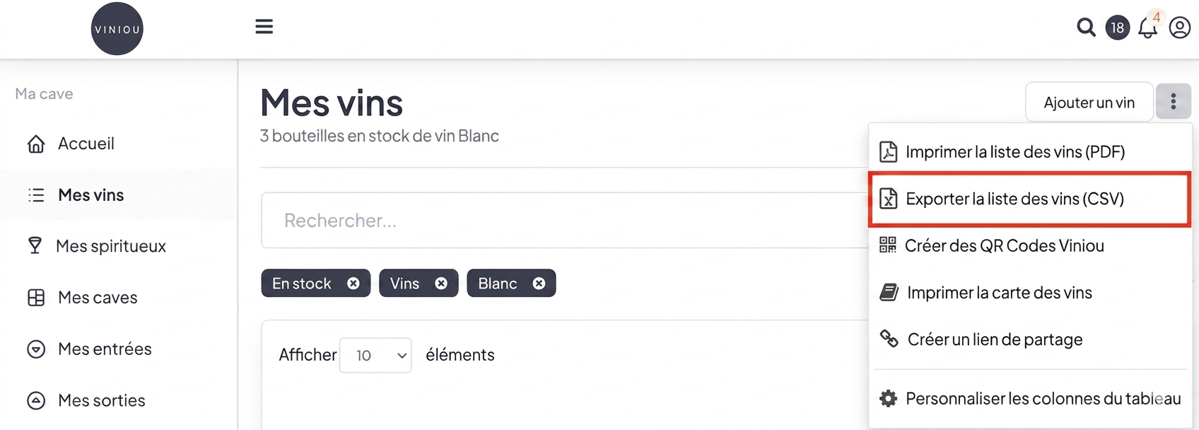 Exemple d’export CSV de cave dans Viniou