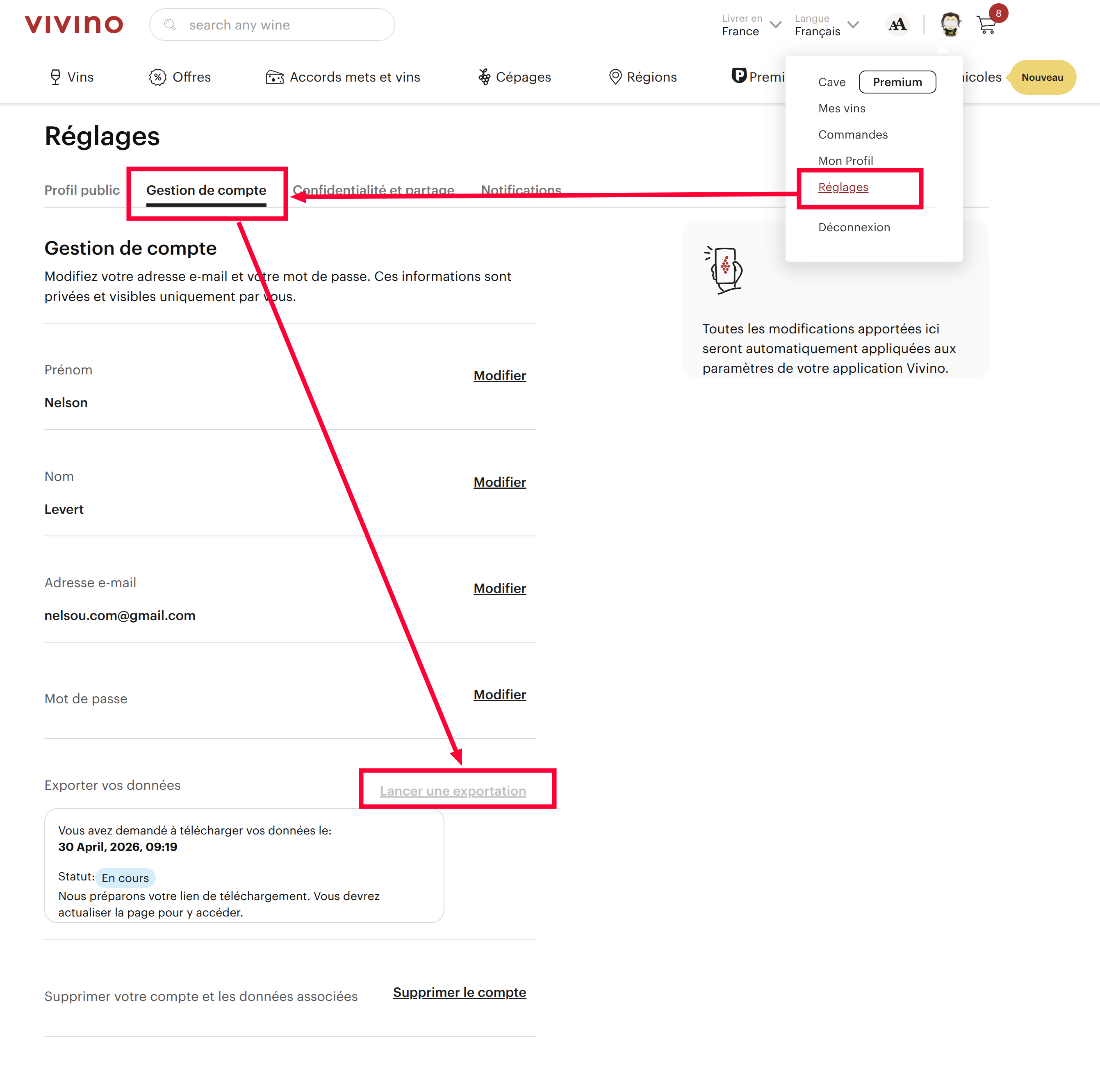 Example of cellar CSV export in Vivino